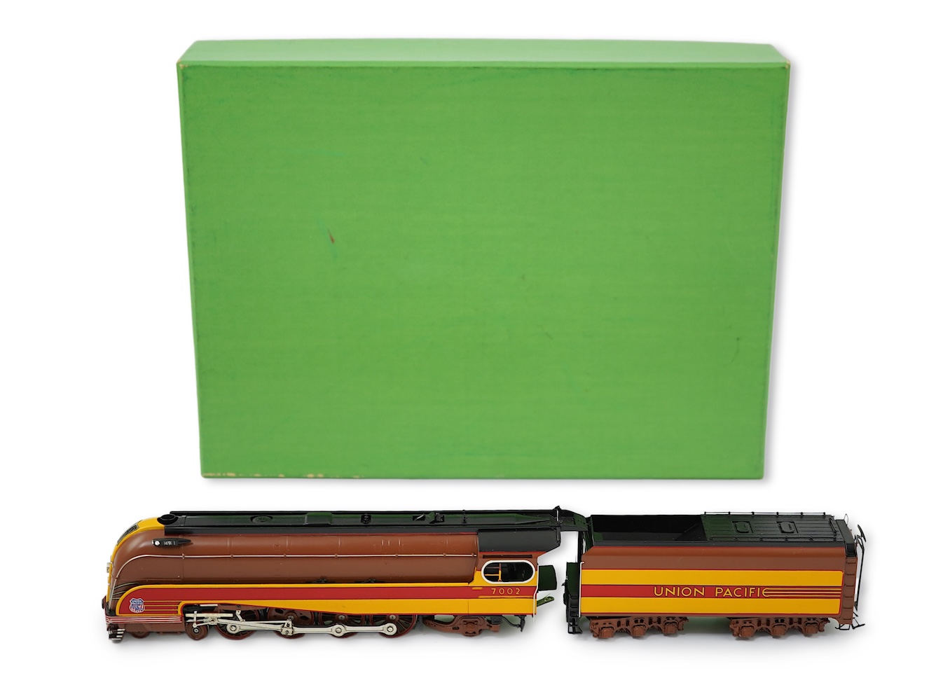 A boxed HO gauge Overland Models Inc. model of Union Pacific, 7002, streamlined 4-8-2 locomotive with bogie tender, powered for two rail operation.